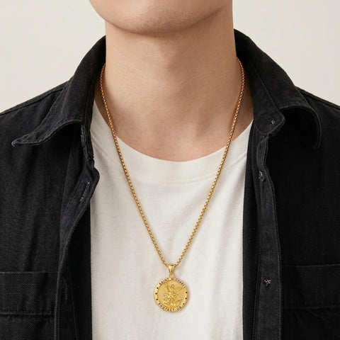 14K Gold Plated Saint Medal Christian  Pendant Necklace for Men