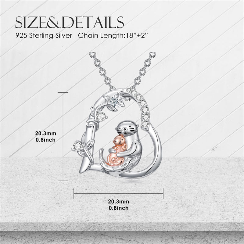 Sterling Silver Cubic Zircon Mother Daughter Mama Bear Giraffe Elephants Otters Penguins Heart Pendant Necklace