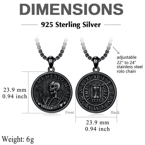 Sterling Silver Black Memento Mor Stoic Skull Coin Pendant Necklace