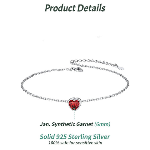 Sterling Silver Simple Dainty Round Heart Birthstone Single Layer Charm Anklet