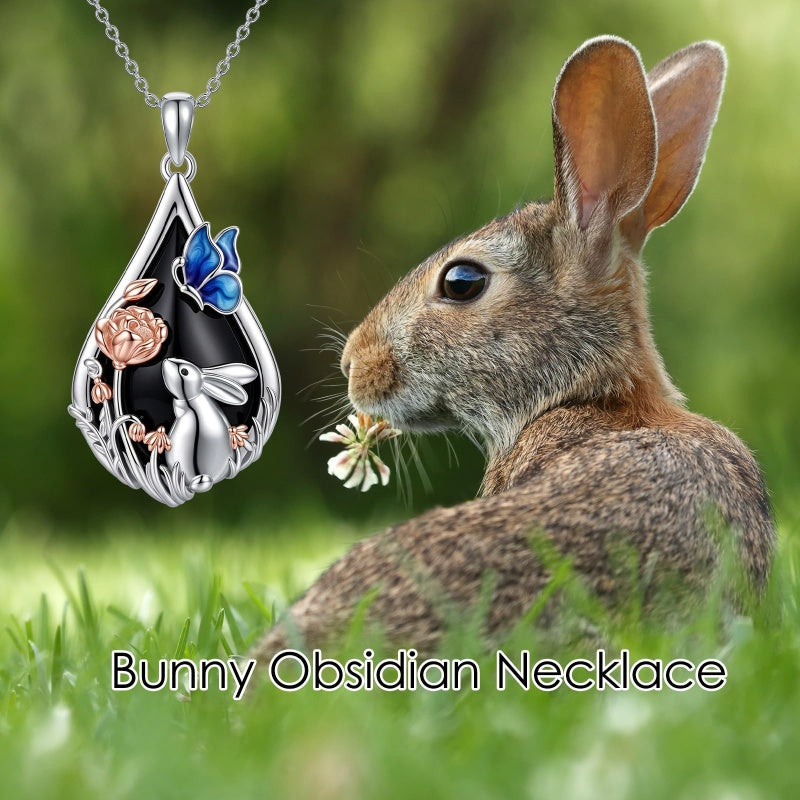 Sterling Silver Obsidian Bunny Cat Elephant Dog Fox Teardrop Pendant Necklace
