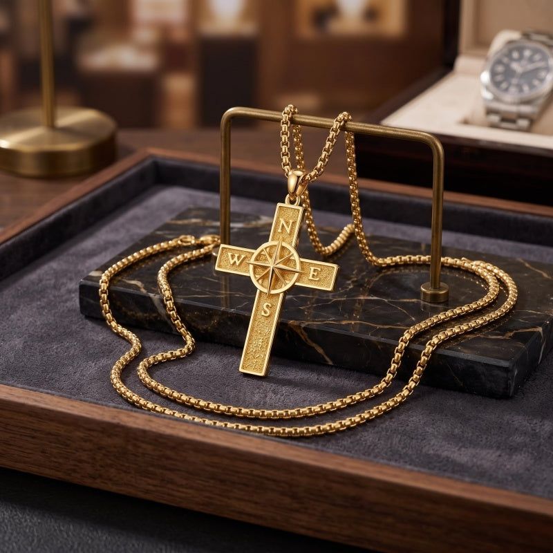 14K Gold Plated Cross Pendant Necklace for Men Religious Jewelry Christian Gift