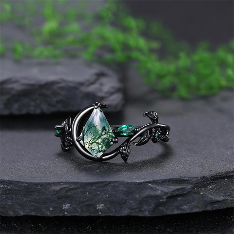 Sterling Silver 10K 14K 18K Gold Natural Leaf  Moss Agate Engagement Anniversary Couple Ring Sets