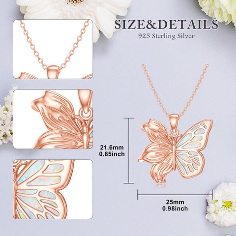 Sterling Silver Opal Butterfly Lily Flower Pendant Necklace