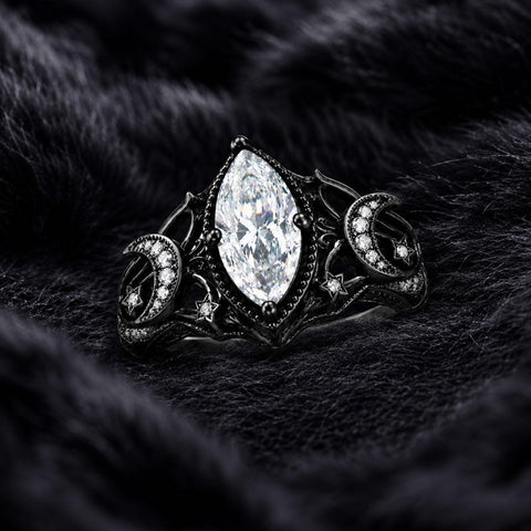 Sterling Silver 10K 14K 18K Gold Moissanite Gothic Black  Engagement Wedding Ring  for Women Halloween Gift