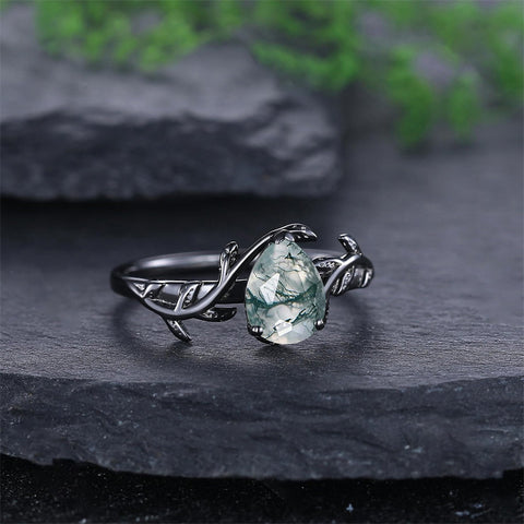 Sterling Silver 10K 14K 18K Gold Natural Leaf  Moss Agate Engagement Anniversary Couple Ring Sets