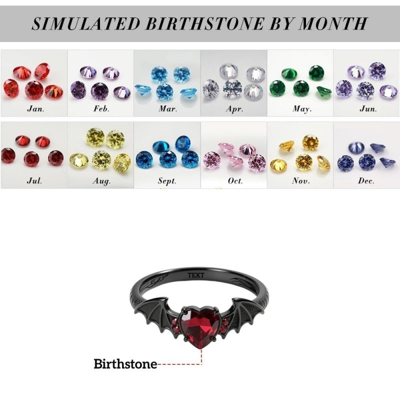Sterling Silver Personalized Birthstone Punk Skull Bat Snake Ring Goth Jewelry for Halloween Birthday