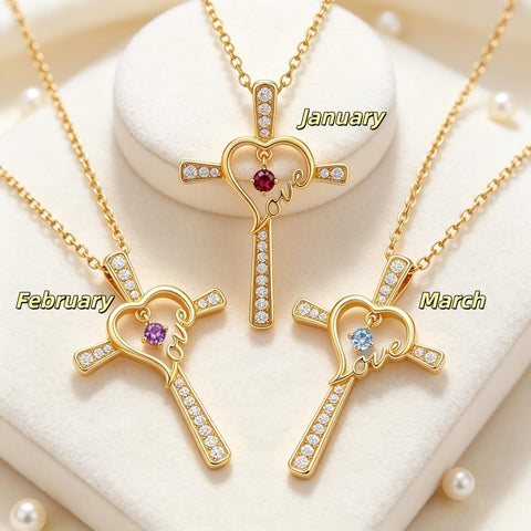 14K Gold Plated  Birthstone  LOVE Heart Cross Necklace for Women Faith Jewelry