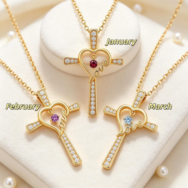 14K Gold Plated  Birthstone  LOVE Heart Cross Necklace for Women Faith Jewelry