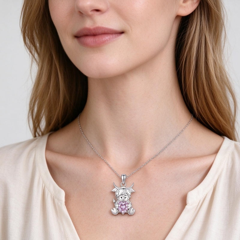 Sterling Silver Birthstone Highland Cow Pendant Necklace Birthday Christmas Gift