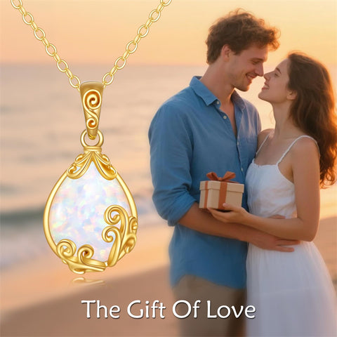 10K 14K 18K Yellow Gold Moonstone Opal Black Onyx Filigree Pendant Necklace