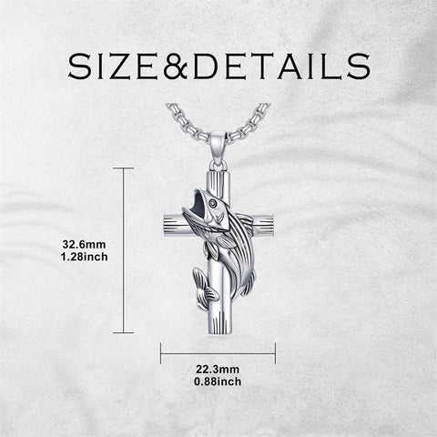Sterling Silver Bass Fish Cross Pendant  Necklace for Men