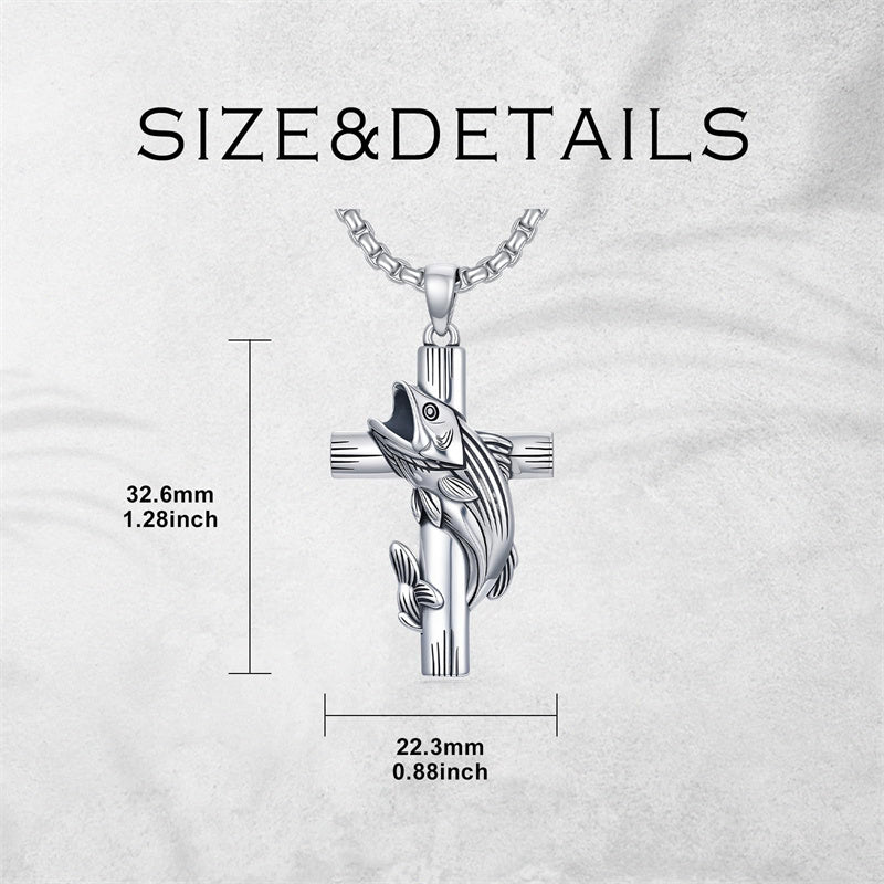 Sterling Silver Bass Fish Cross Pendant  Necklace for Men
