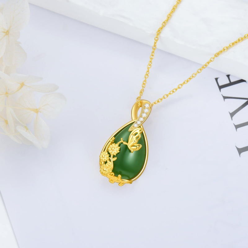14K Gold Plated Natural Jade Hummingbird Cat Dragonfly Butterfly Bee Pendant Necklace for Women