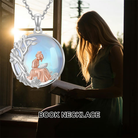 Sterling Silver Moonstone Tree of Life Art Book Pendant Necklace for Book Lover