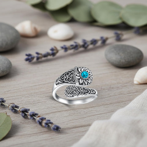 Sterling SilverMustard Seed Turtle Ocean Butterfly Dragonfly Turquoise Adjustable  Spoon Ring Spoon Jewelry for Women