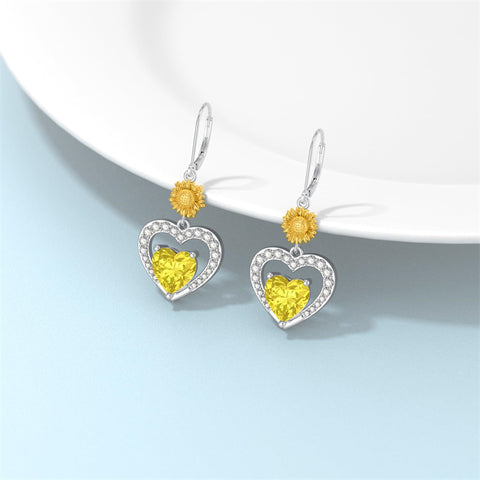 Sterling Silver Heart Cubic Zirconia Sunflower Rose Daisy Lily Lotus Hibiscus Dangle Earrings