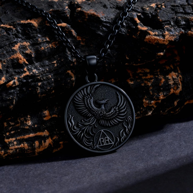Sterling Silver Phoenix Rising Pendant Necklace NA/AA Sobriety Jewelry