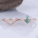 Sterling Silver 10K 14K 18K Gold  Personalized  Engraved Natural Moss Agate Engagement Bridal Wedding Ring Set