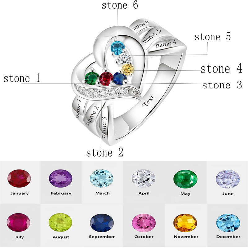 10K 14K 18K Gold Personalized 1-6 Stones Engraved Heart Mother Ring for Mother's Day