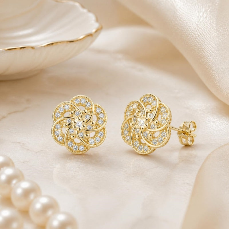 14K Gold Plated Cubic Zirconia Trendy Flower-Shaped Stud Earrings for Women