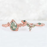 Sterling Silver 10K 14K 18K Gold  Personalized  Engraved Natural Moss Agate Engagement Bridal Wedding Ring Set