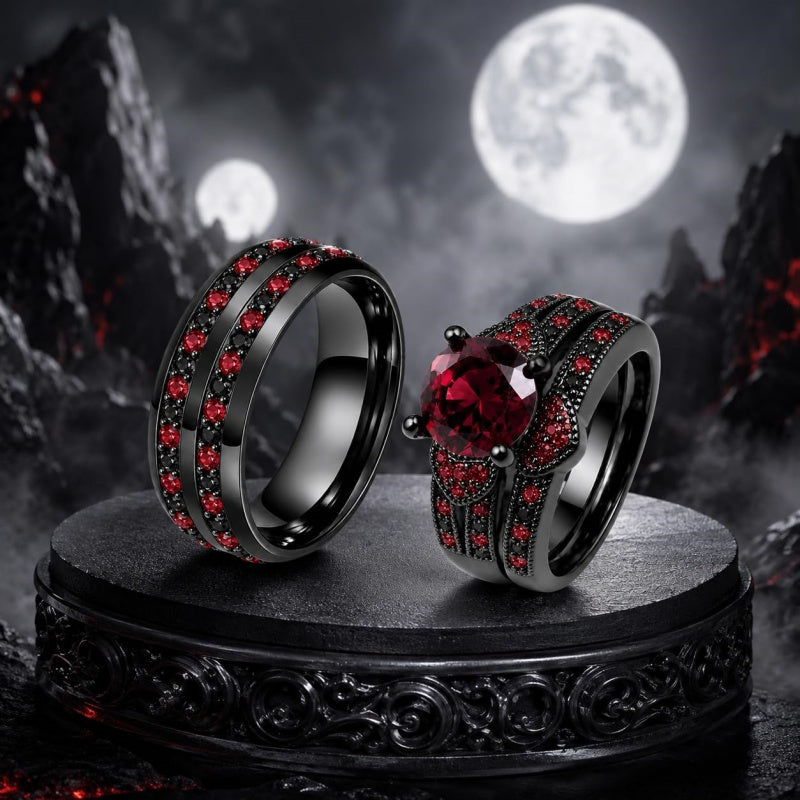 Sterling Silver 10K 14K 18K Gold Personalized Engraved  Halloween Dark Red Gemstone Couple Ring Set