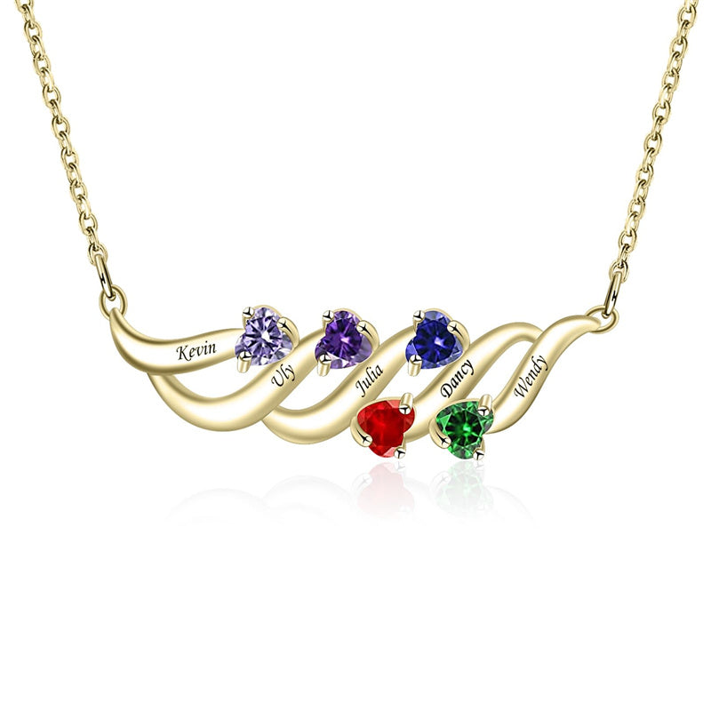 Sterling Silver Personalized Birthstone Name Wave Pendant Family Necklace