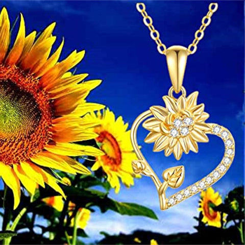 Solid 14K Gold Sunflower Heart Necklace for Women Real Gold Flower Necklace You are May Sunshine Necklace