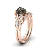Sterling Silver 10K 14K 18K Gold Personalized Engraved Natural Heart Black Rutilated Quartz Engagement Ring Set