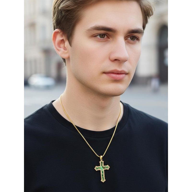 14K Gold Plated Turquoise  Abalone Shell Malachite Wood Filigree Cross Pendant Necklace