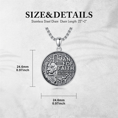 Sterling Silver Faith Bible Lion Pendant Necklace for Men