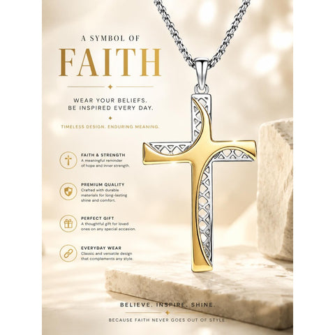 14K Gold Plated Two Tone Cross Pendant Necklace Christian Jewelry Religious Gift