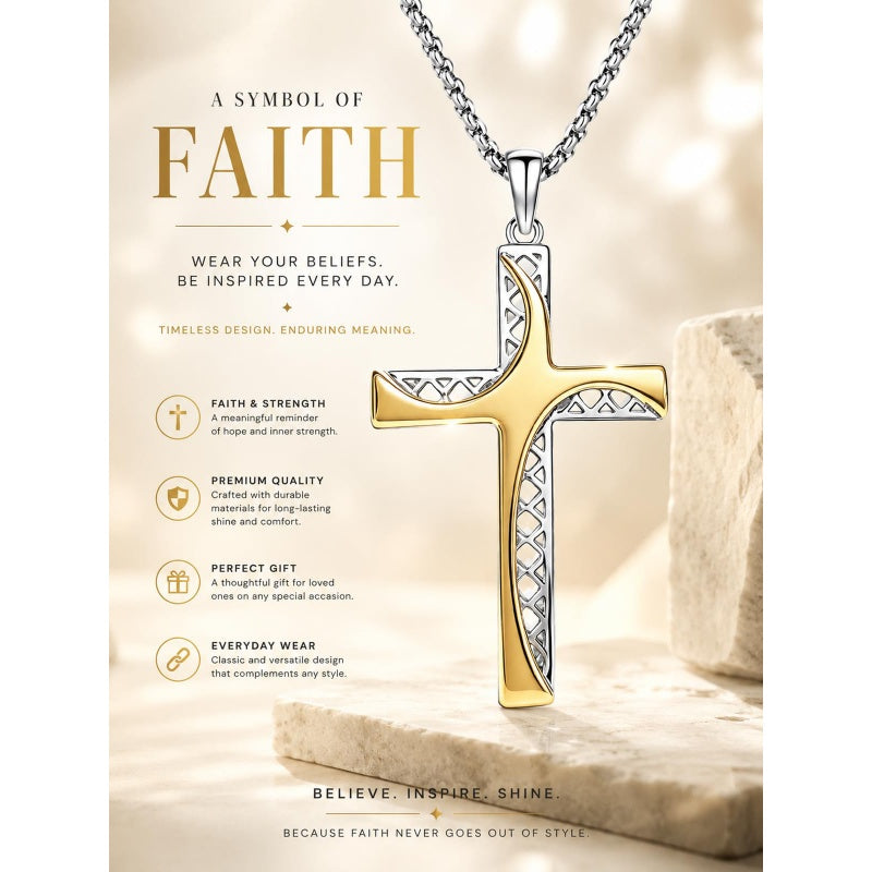 14K Gold Plated Two Tone Cross Pendant Necklace Christian Jewelry Religious Gift