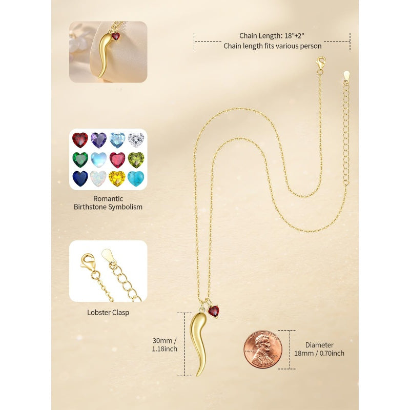 Heart Birthstone 14K Gold Plated Italian Horn Pendant Necklace Anniversary Birthday Gifts for Her