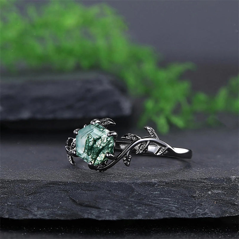 Sterling Silver 10K 14K 18K Gold Natural Leaf  Moss Agate Engagement Anniversary Couple Ring Sets