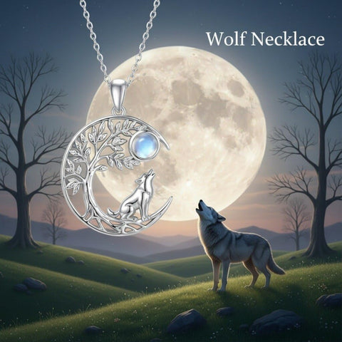 Sterling Silver Moonstone Tree of Life Wolf Cat Fox Rabbit Monkey Pendant Necklace Gift for  Birthday Christmas