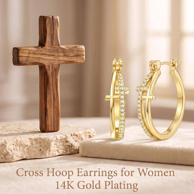 14K Gold Plated Cross Hoop Earrings  for Women Birthday Mothers Day Christmas Jewelry Gift