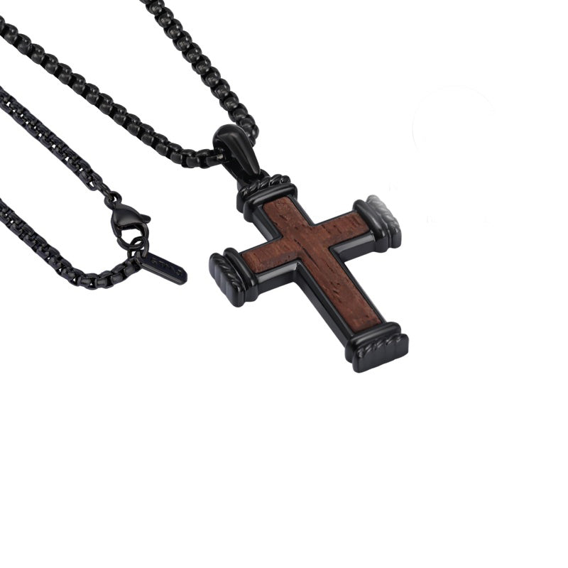 14K Gold Plated Wooden Abalone Shell Cross Pendant Necklacefor Men