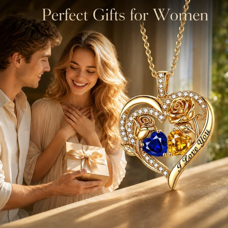 14K Gold Plated Double Heart Birthstone Rose Pendant Necklace for Women