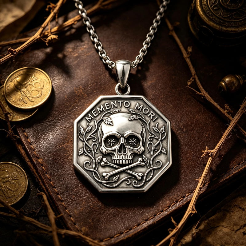 Sterling Silver Memento Mori Gothic Skull Amulet Pendant Necklace for Men