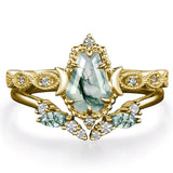 Sterling Silver 2CT Moss Agate  Engagement Wedding Ring Sets for Women