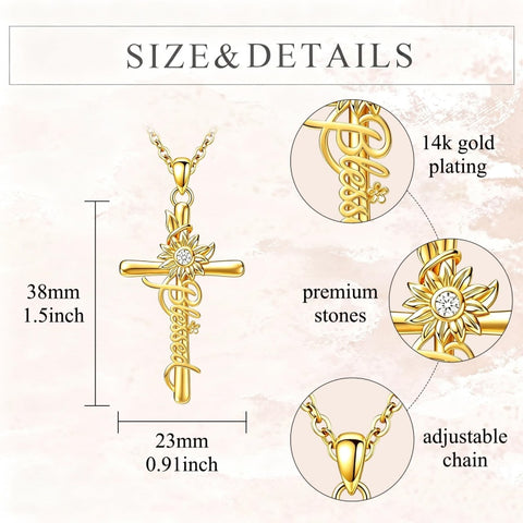 14K Gold Plated Faith Cross Pendant Necklace Religious Gifts for Women