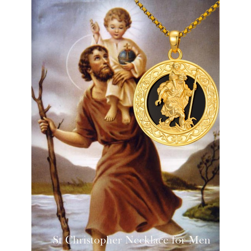 14K Gold Plated Black Onyx Patron Saint Medal Religious Amulet Pendant Necklace for Men