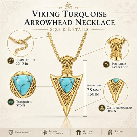 14K Gold Plated Moss Agate Turquoise Valknut Viking Arrow Head Pendant Necklace for Men