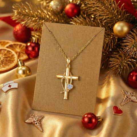 Stethoscope Cross 14K Gold Plated Pendant Necklace for Women Nurse Doctor Birthday Graduation Gift for Medical Student