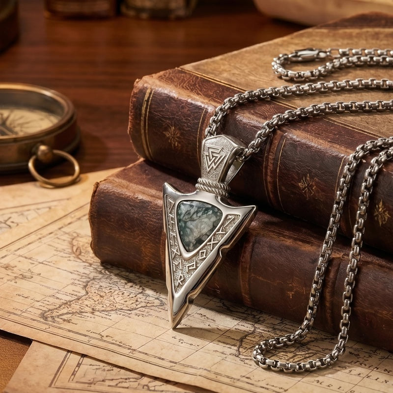 14K Gold Plated Moss Agate Turquoise Valknut Viking Arrow Head Pendant Necklace for Men