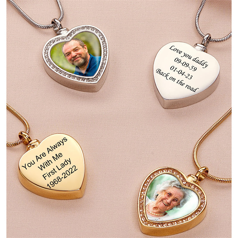 Stainless Steel Personalized Photo Engraved Heart Urn Necklace for Ashes