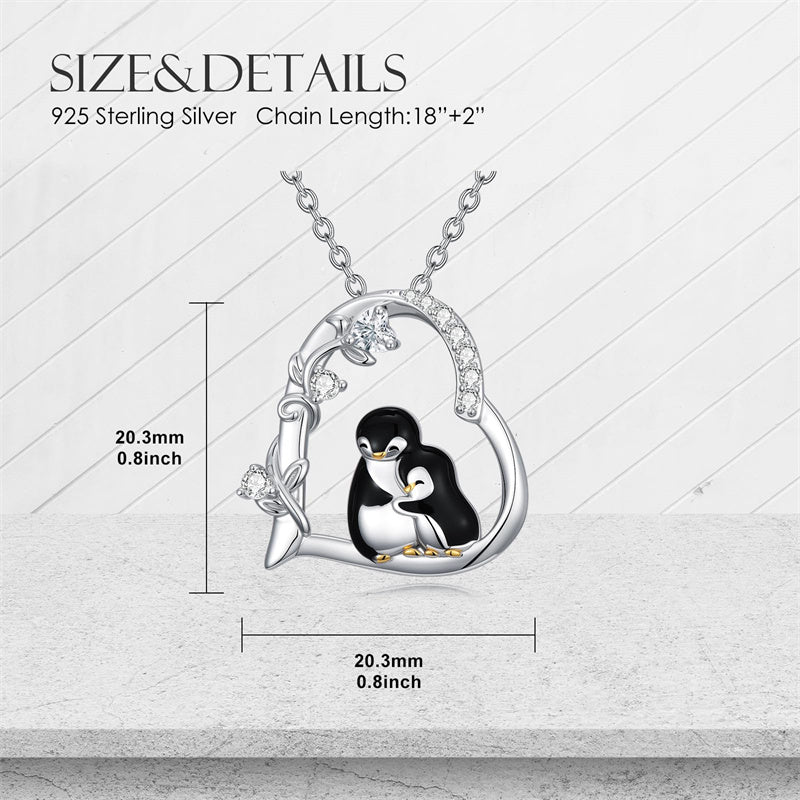 Sterling Silver Cubic Zircon Mother Daughter Mama Bear Giraffe Elephants Otters Penguins Heart Pendant Necklace