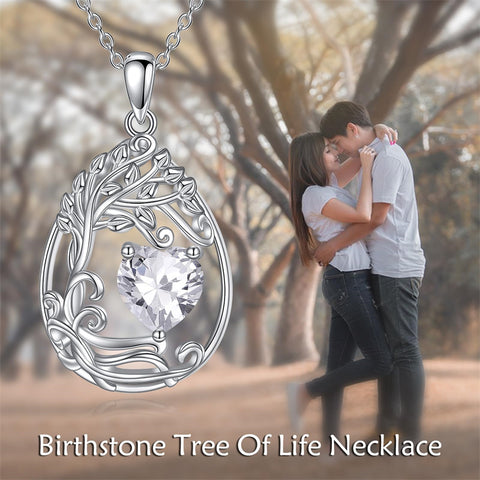 Sterling Silver Birthstone Teardrop Tree of Life Pendant Necklace